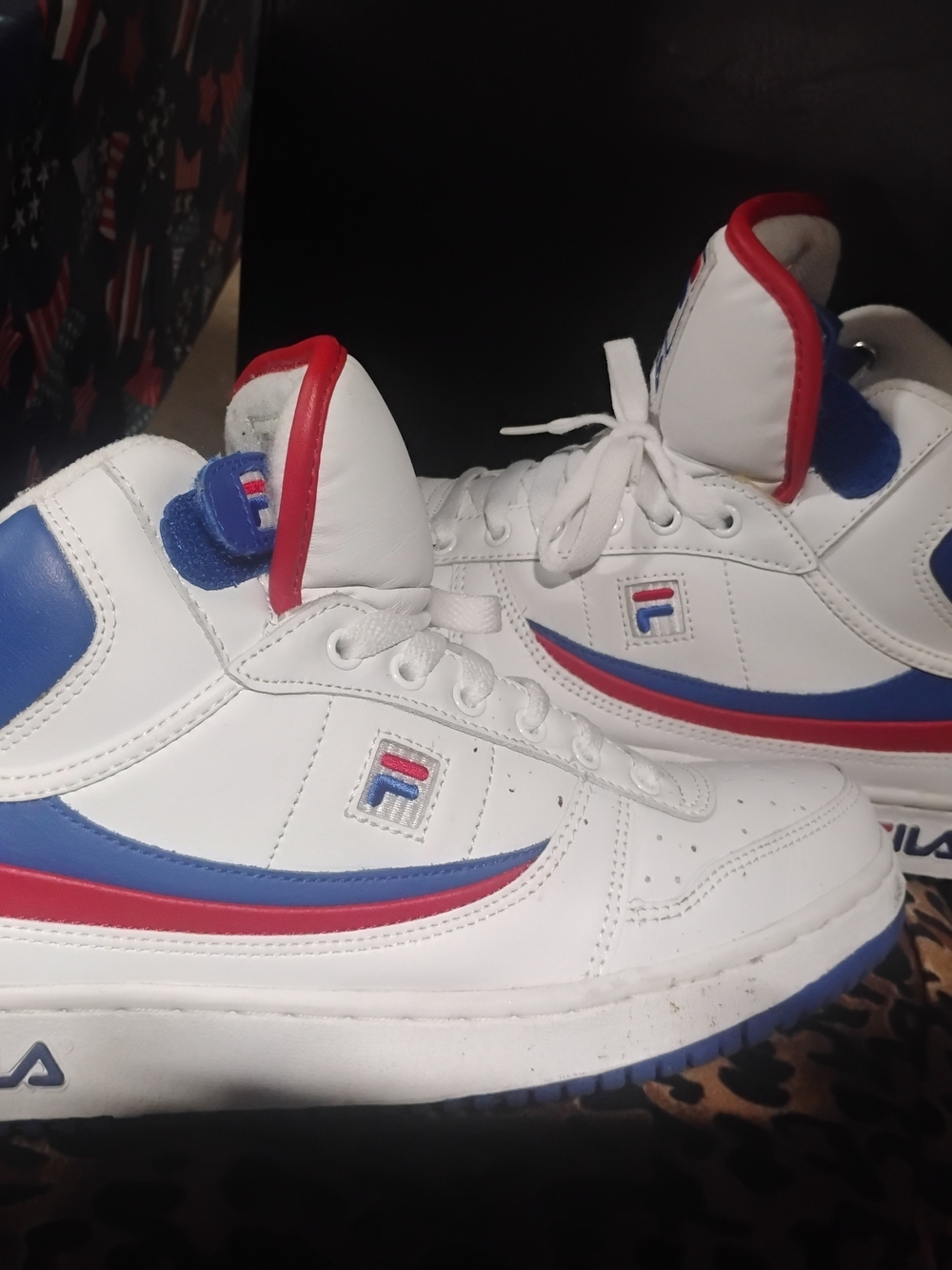 Fila Men’s White High-Top Sneakers with Blue and Red Accents